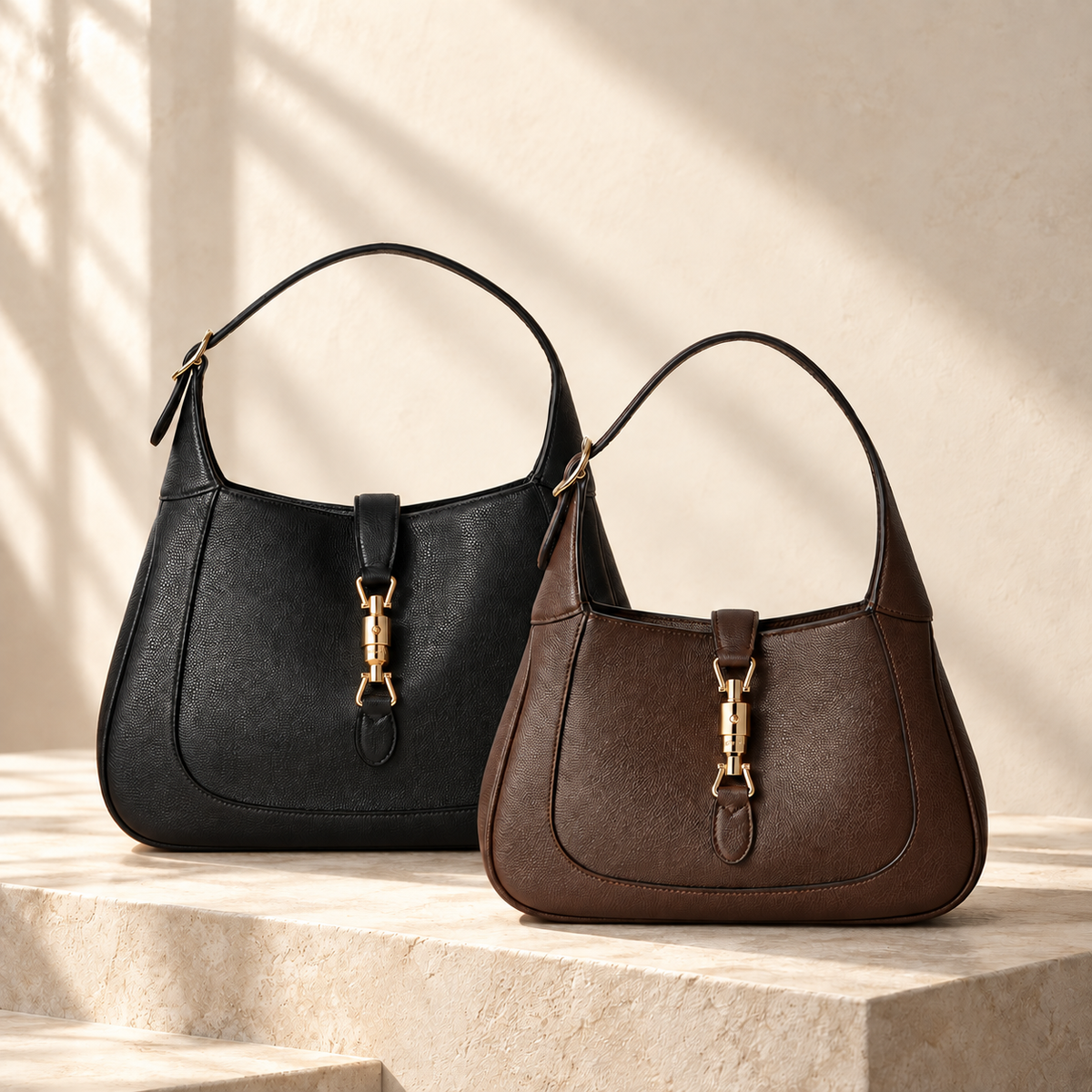 Black and brown Jackie handbags on warm ivory stone with soft natural light