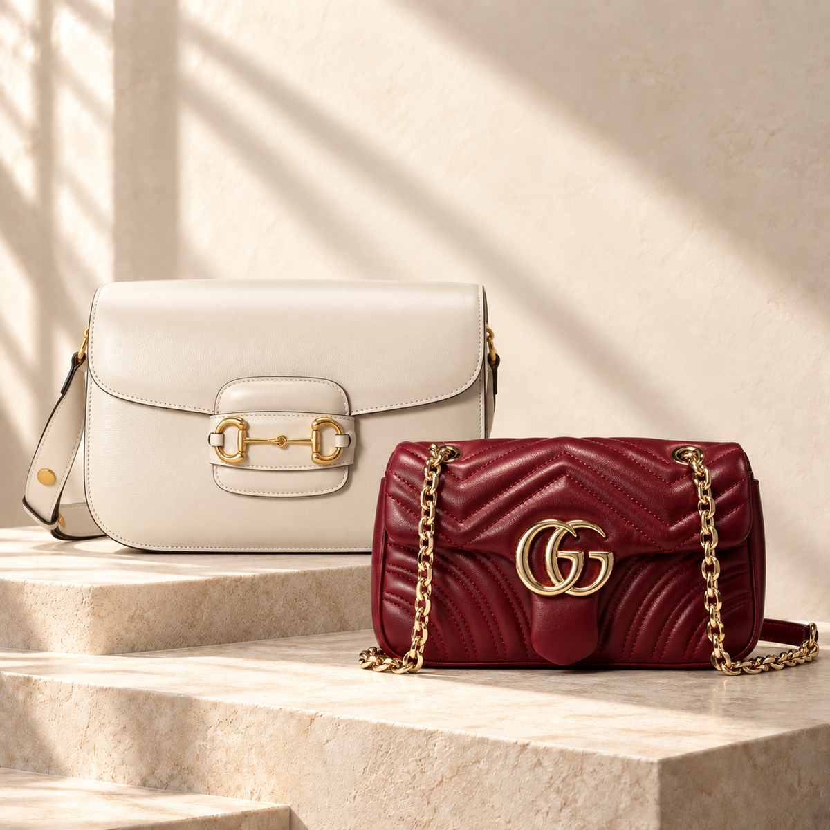 Ivory Horsebit shoulder bag and burgundy GG Marmont shoulder bag on ivory stone in soft natural light