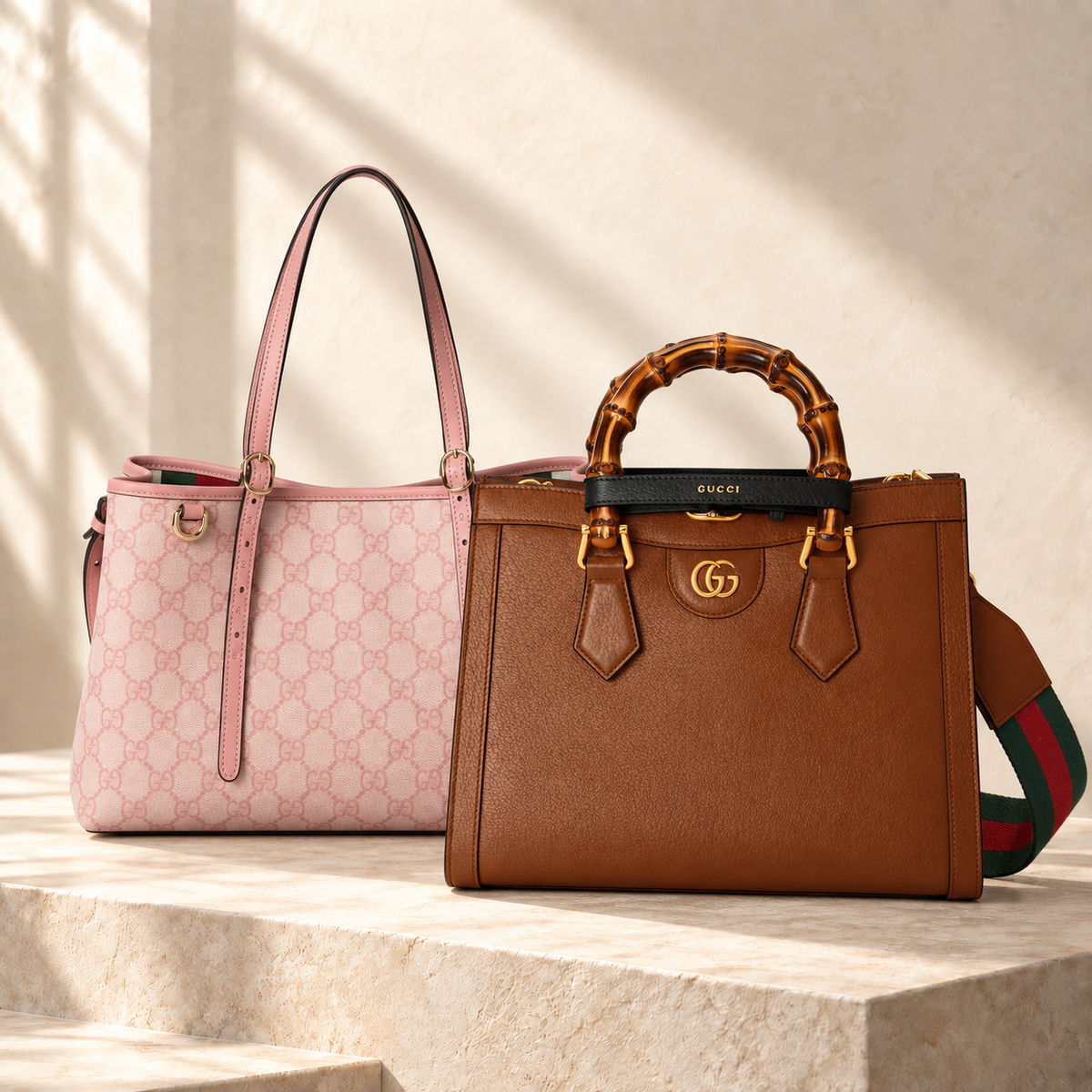 Pink GG Emblem tote and brown bamboo-handle Diana tote on ivory stone in soft natural light