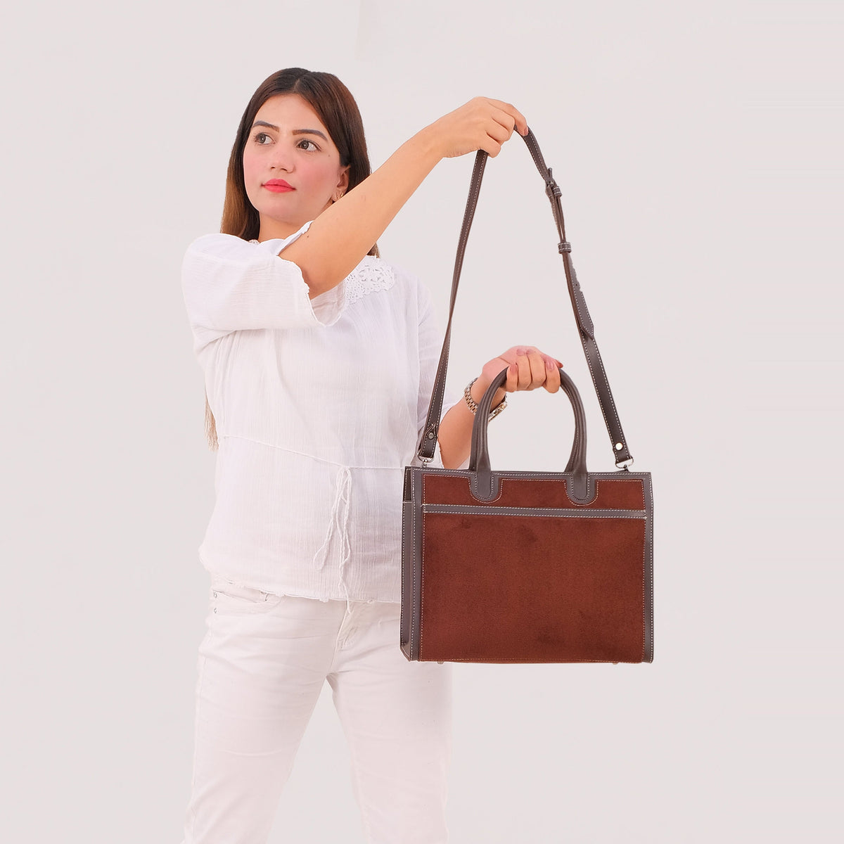 Chocolate Suede-Panel Vintage Handbag — view 2