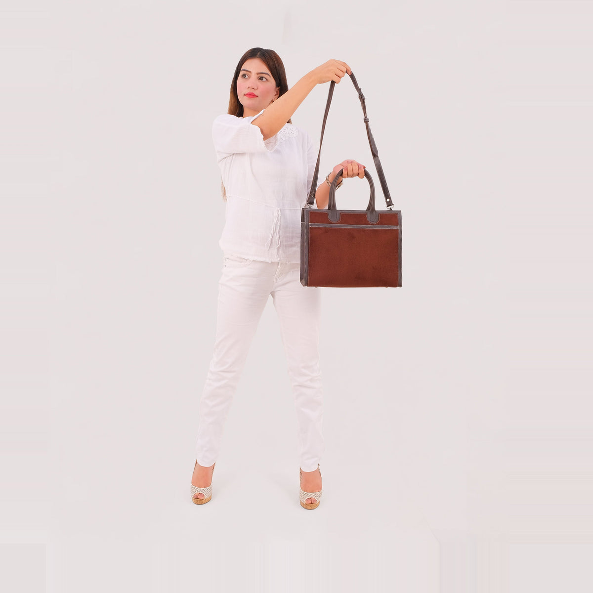 Chocolate Suede-Panel Vintage Handbag — view 7